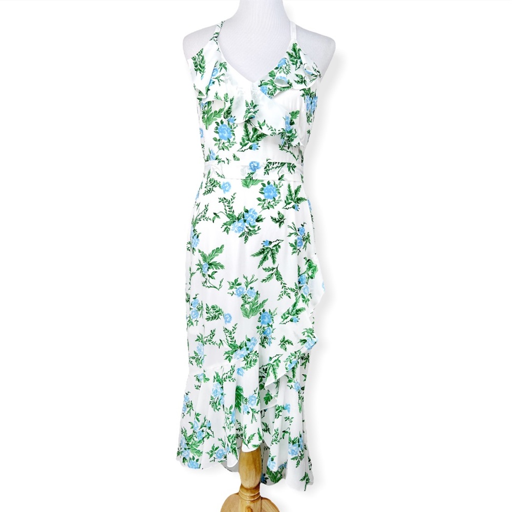 Disney Princess Juniors Blue Green Floral Ruffle White Midi Dress Hi Low NWT
